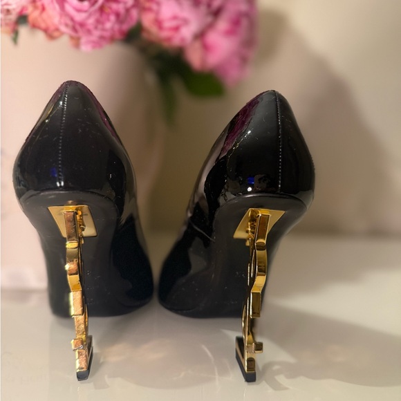 Saint Laurent Black Patent Heels with Gold Accent - Picture 6 of 10